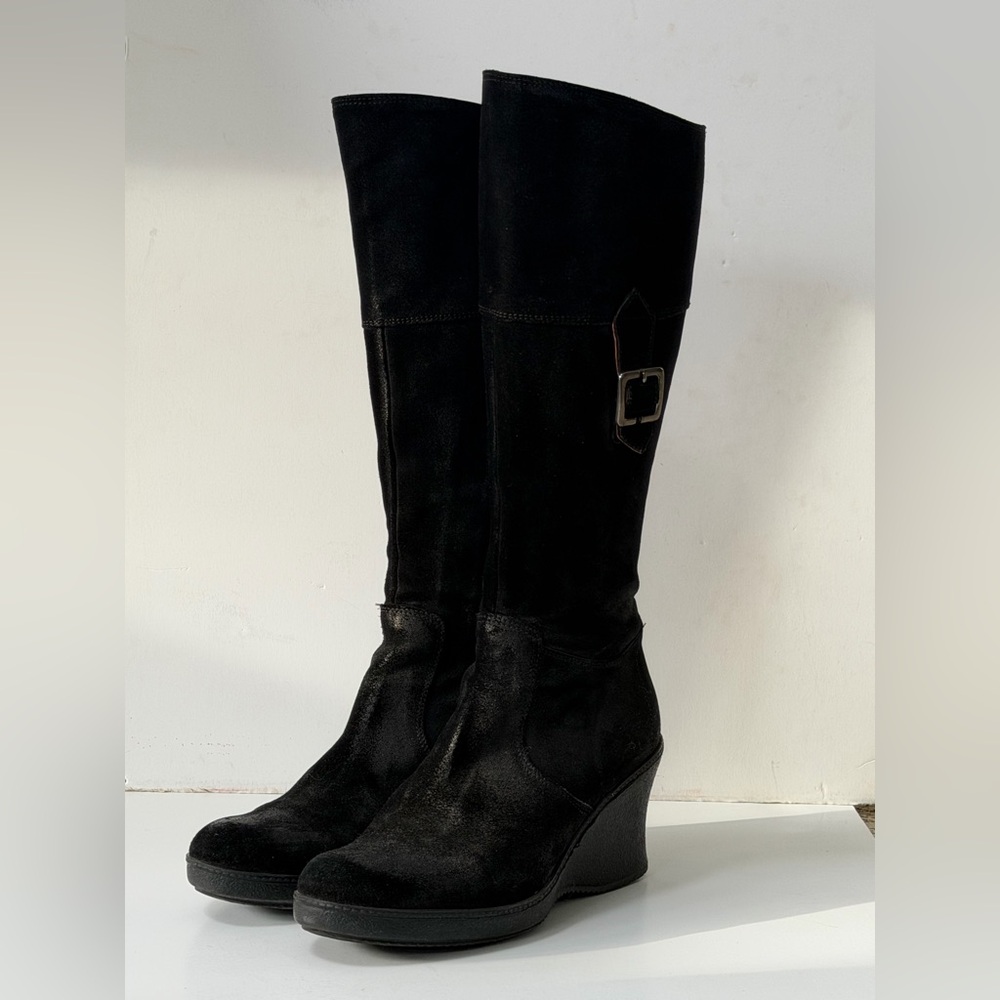 Sundance Black Suede Wedge Knee-High Boots ~ vintage